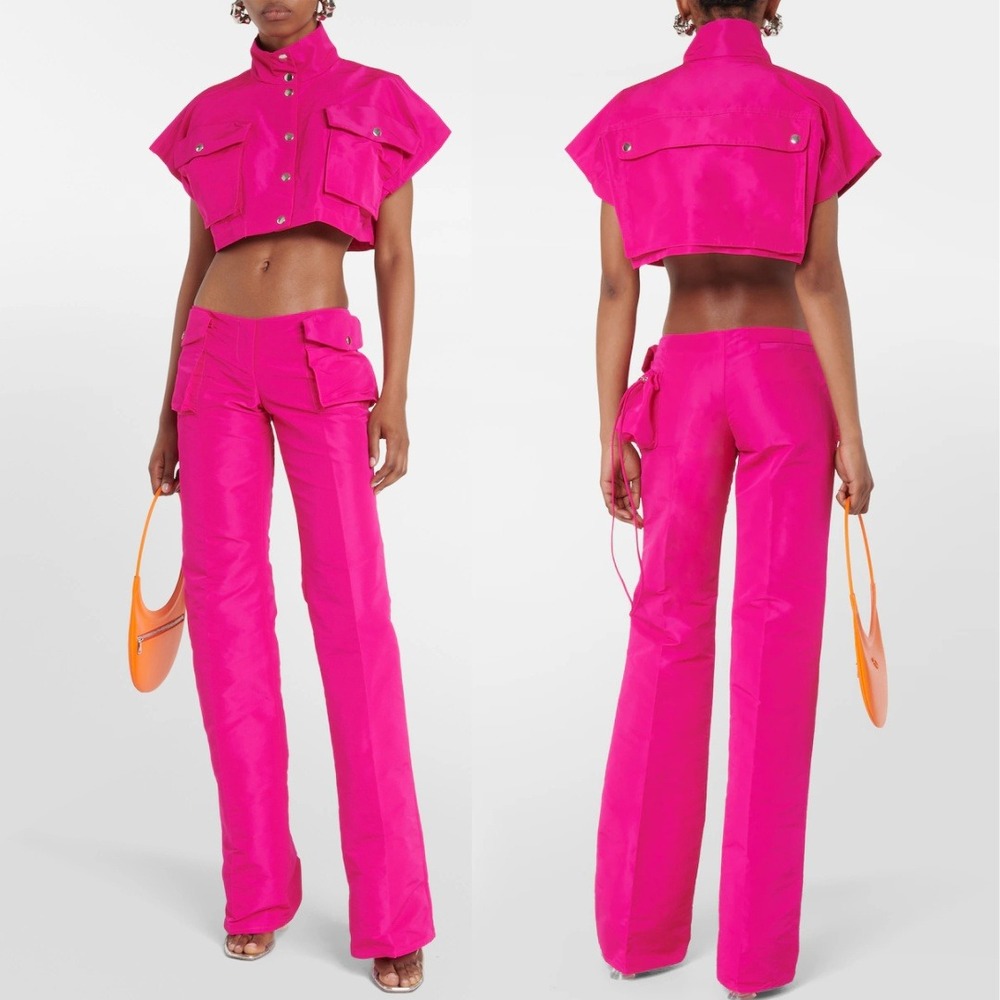 LaQuan Smith Hot Pink Low Rise Cargo Flared Pants Utility Trousers Size S
